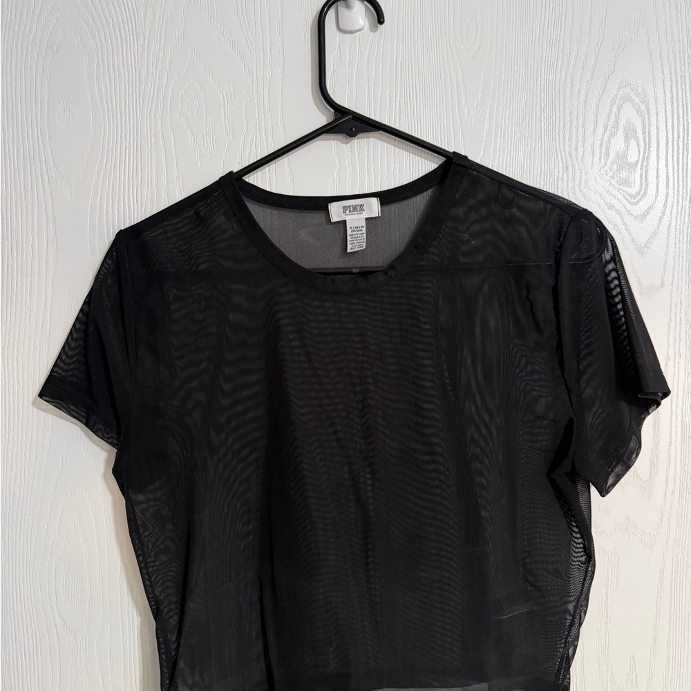 NWOT PINK Victoria's Secret Black Mesh Short Sleeve Top